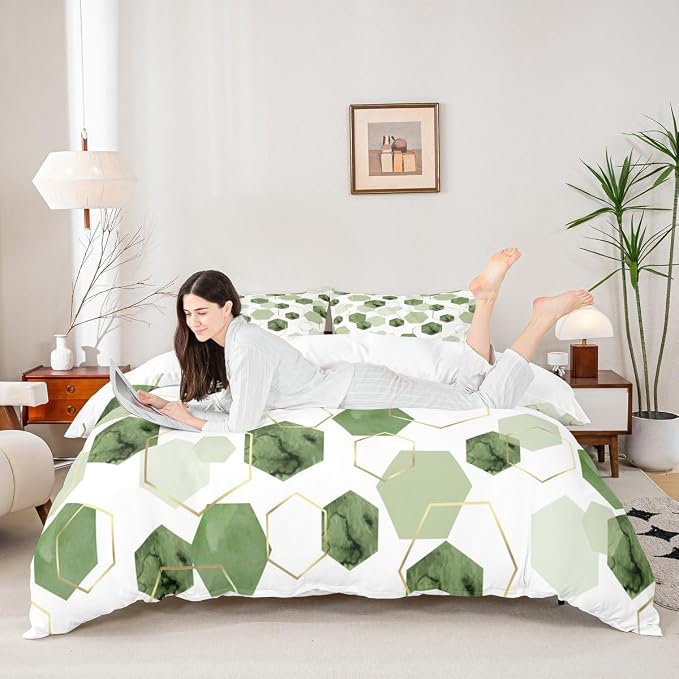 Erosebridal Sage Green Modern Duvet Cover Queen - Marble Grain Geometric Bedding Sets, Fresh Abstract Geometric Art Decor Bed Set for Boys Girls Watercolor Hexagon Bed Cover with 2 Pillowcases