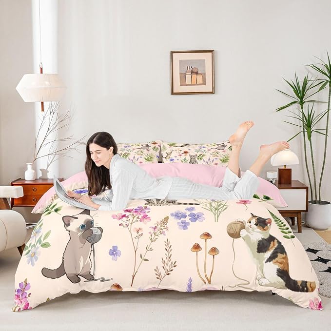 Erosebridal Cute Cat Comforter Cover Queen Kitten Cat Lovers Bedding Set Beige Boho Watercolor Floral Duvet Cover for Kids Girls Boys Adults Funny Pet Animal Bed Set