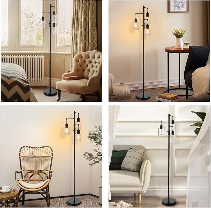 3 Lights Floor Lamp, Industrial Tree Lamp for Living Room Bedroom, Black Modern Dimmable Farmhouse Standing Lamp, Tall Pole with Clear Glass Shade