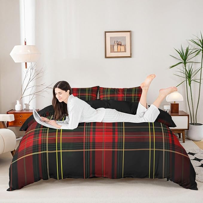 Erosebridal Red Black Grid Duvet Cover King Modern Classic Geometric Tartan Bedding Set for Kids Teens Buffalo Plaid Quilt Cover Striped Check Vintage Farmhouse Bed Set with Zipper