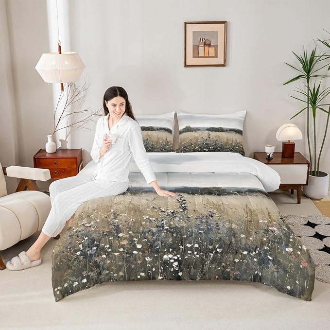 Erosebridal Vintage Farmhouse Comforter Rustic Wildflower Field Toddler Bedding Set Classical Flowers Landscape Bedding for Kids Adults Nature Countryside Scenery Duvet Insert 2Pcs Room Decor