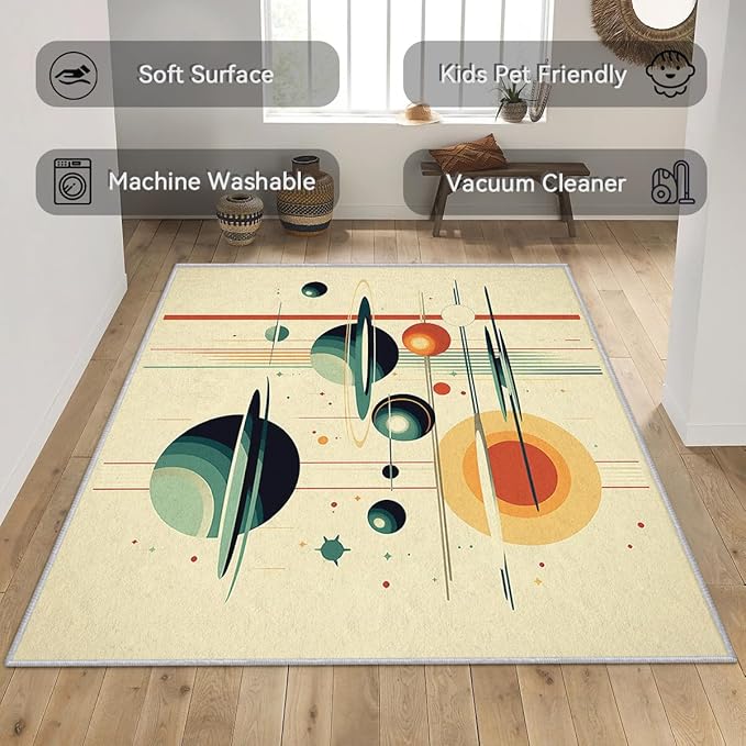 Mid Century Rugs for Living Room 7x7, 50s Retro Futurism Geometric Abstract Modern Pattern Design Area Rug, Mid Century Bedroom Decor Carpet, Non Slip, Washable (RG499)