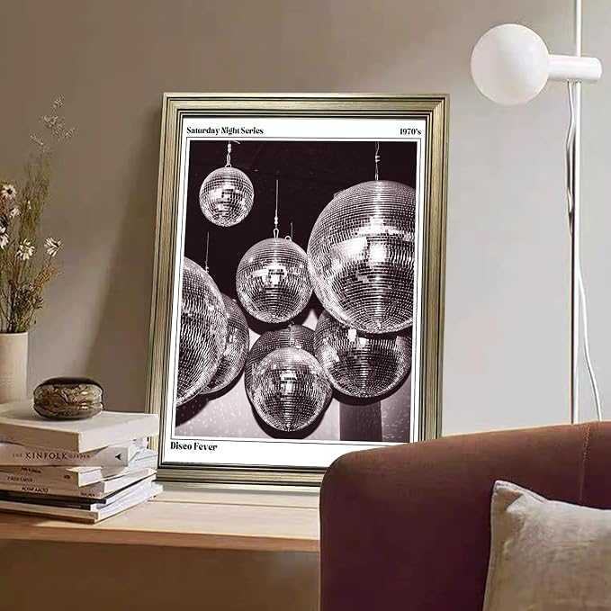 Disco Ball Wall Art, Vintage Framed Print Posters for Room Aesthetic Decor, Trendy Retro 70s Decor Funky Music Wall Art, Preppy Bar Cart Canvas Artwork