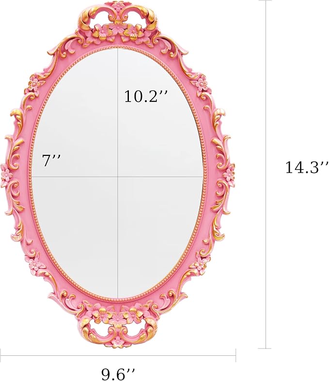 Tstarer Vintage Decorative Pink Framed Mirror, Wall Hanging Mirrors & Tabletop Tray for Bedroom Living Room Dresser Decor, Oval- 9.6" W x 14.3" L (Pink)