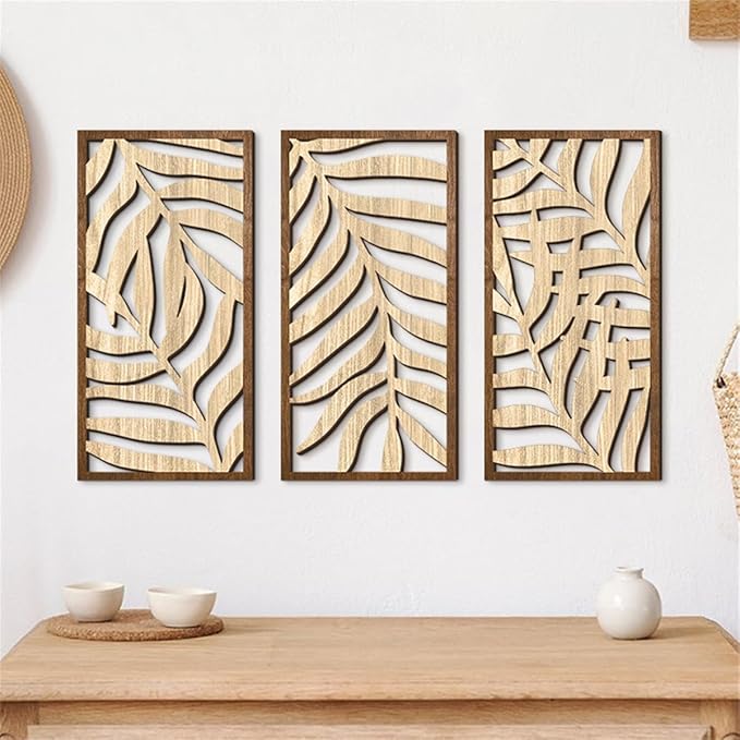 3 Pcs Tropical Leaf Wood Wall Art Decor, Wooden Minimalist Wall Hanging Decor, 3D Hollow Carved Craft Art Set, Boho Abstract Wall Sculptures Panels Decoration for Home Living Room Bedroom Kitchen (C)