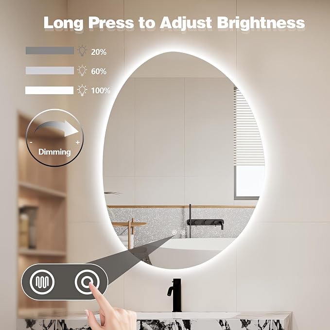 Niccy Irregular LED Bathroom Mirror, 24"x32" Asymmetrical Backlit Vanity Wall Mirrors, Frameless Lighted Mirrors for Bedroom, Living Room, Modern Smart-Mirror with Anti-Fog, Dimmable, Memory Function