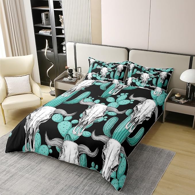 100% Cotton Buffalo Skull Duvet Cover Queen Cactus Bedding Set Wild West American Desert Tribal Comforter Cover Boho Western Botanical Room Decor Teal Black Ethnic Quilt Cover for Boys Men