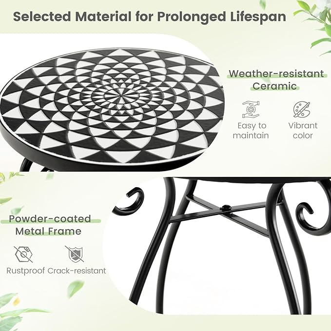 Giantex Outdoor Side Table, Mosaic Patio Table, 12 inch Accent Table Plant Stand Indoor, Ceramic Tile Top Metal Frame, Small End Table Porch Beach Patio Garden Balcony Poolside (Monochrome)
