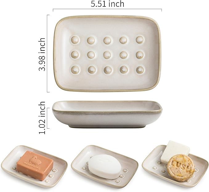 Soap Dish for Shower, Ceramic Soap Dish Non-Slip Soap Holder Bar Saver Tray for Bathroom Kitchen Sink, Floating Point Design Save Soap Loss (Pack of 2)