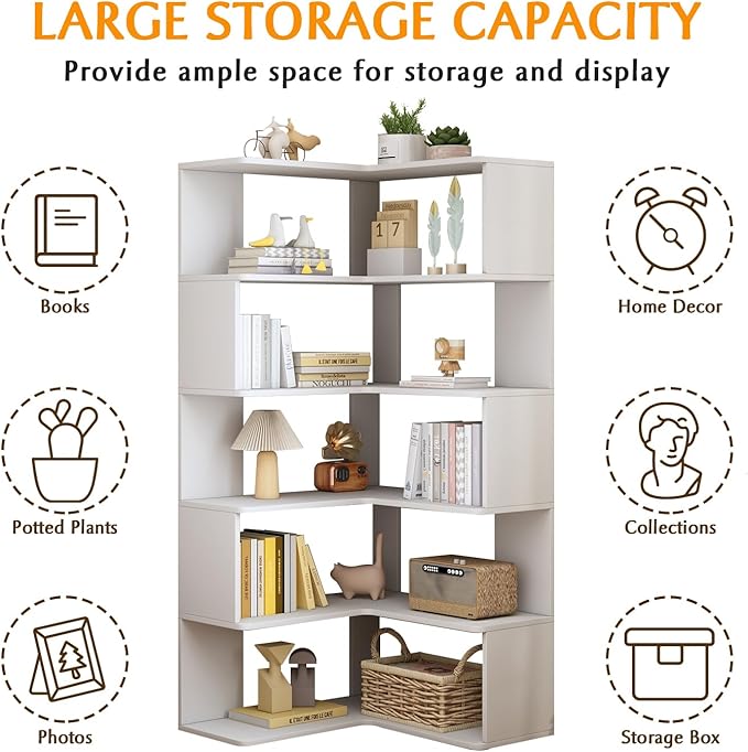 IOTXY 6-Tier L-Shaped Corner Bookshelf - 66" Tall Wooden Freestanding Bookcase with Open Shelf Units, White