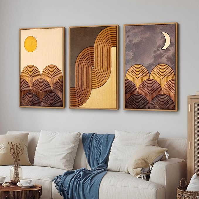 Tinonedraw Mid Century Modern Framed Canvas Wall Art Set, Boho Minimalist Geometric Arch Wall Decor, Bohemian Sun and Moon Art Paintings, Beige Brown Wooden Artwork for Living Room Bedroom 16"x24"x3