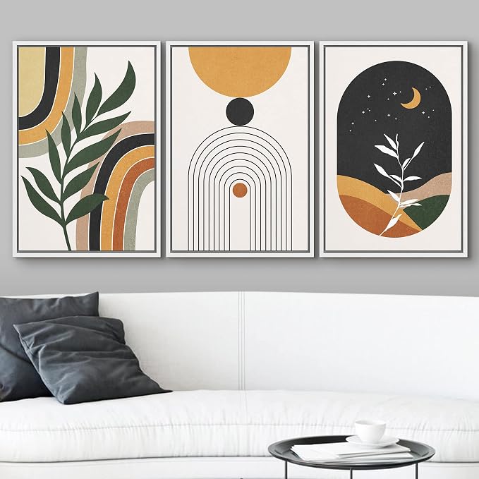 wall26 Framed Canvas Print Wall Art Set Boho Mid-Century Crescent Moon Plant Landscape Nature Abstract Illustrations Modern Art Bohemian Decorative for Living Room, Bedroom, Office - 16"x24"x3 White