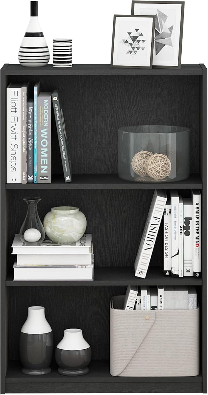Furinno Jaya Book Shelf, 3-Tier Bookshelf, Standing Bookcase with Adjustable Shelves, 9.5 x 24.5 x 40.3, for Organization and Storage, for Living Room, Bedroom, Home Office, Darkwood