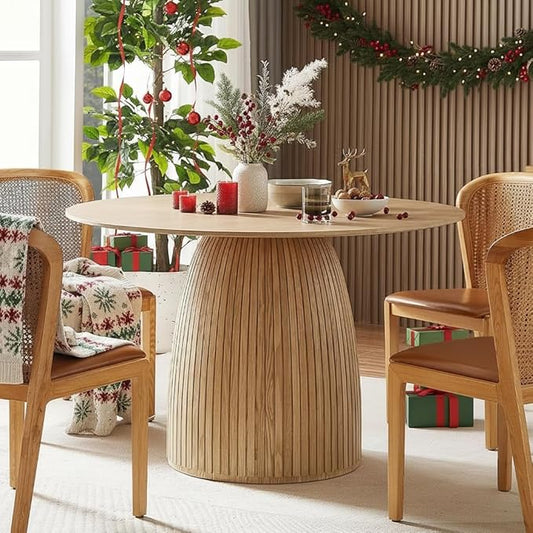 47.24" Round Dining Table for 4 6 People, Modern Farmhouse Wood Dining Room Table with Circle Table Top & Fluted Circular Drum Pedestal Base for Kitchen, Restaurant, Café, Oak