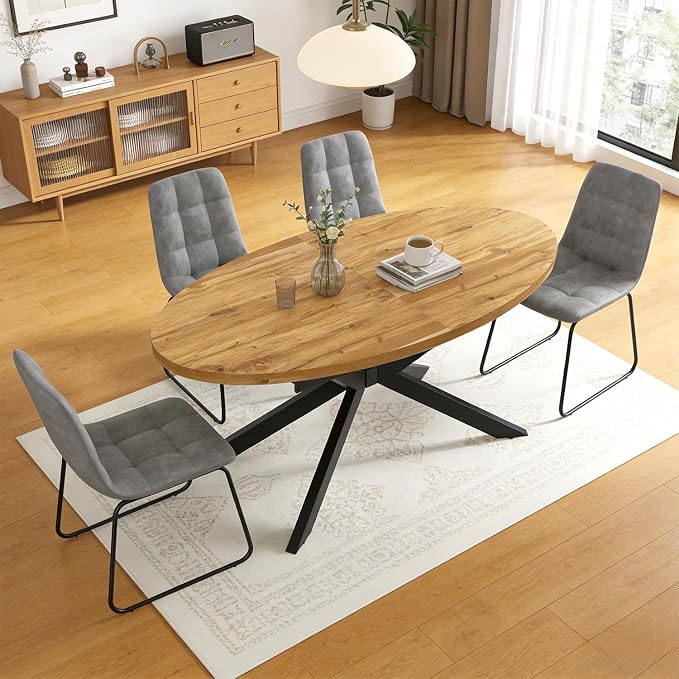 63"-78.7" Extendable Round Dining Table Set for 4, 5 Piece Mid Century Modern Oval Kitchen Table Set, Large Dining Table with 4 Dining Chairs for Living Room Space Saving（Walnut Table+4 Grey Chairs)