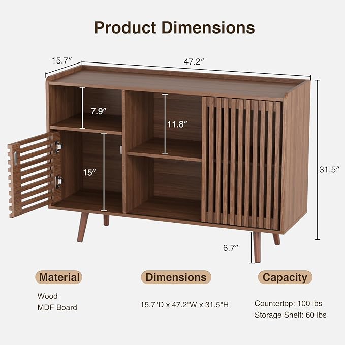 FiveWillowise 47.2" Buffet Cabinet with Storage, Mid-Century Sideboard Coffee Bar Cabinet with Sliding Door for Living Room, Dining Room, Kitchen, Hallway, Walnut