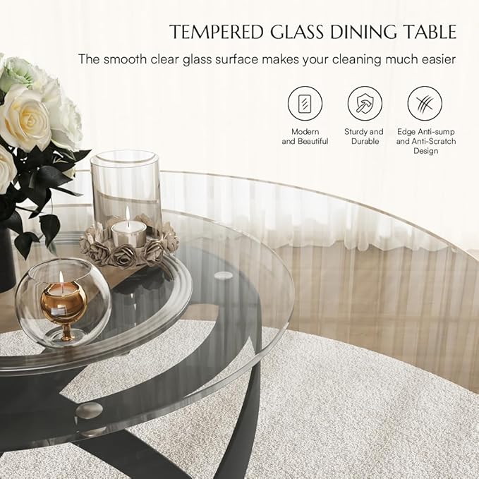 POVISON 51" Modern Round Dining Table with Lazy Susan, Glass Round Kitchen Table for 4, Tempered Glass Dining Room Table top with Black X Carbon Steel Base (Dining Table Only)