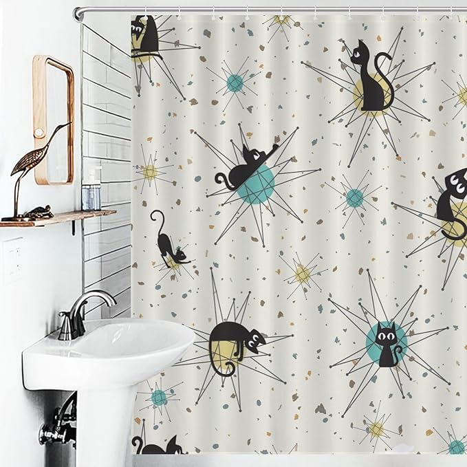 Vintage Mid Century Cats Shower Curtain Black Cat Retro Diamond Atomic 1950s 1960s Abstract Geometric Simple Waterproof Shower Curtains for Bathroom Decor 12 Pack Hooks 66x72in（168x183cm