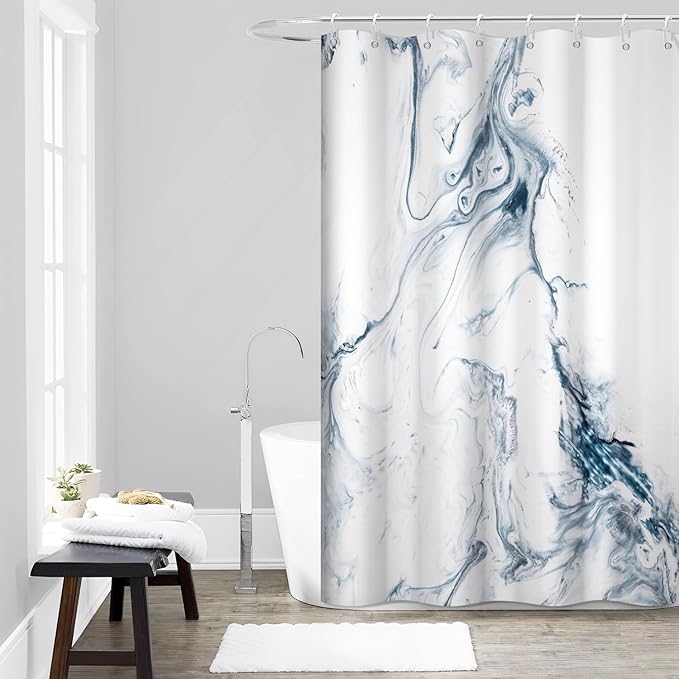 Blue and White Shower Curtain, Modern Ombre Blue Marble Shower Curtain Set with Hooks Aesthetic Waterproof Bathroom Decor, 60x72 Inch