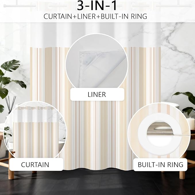 No Hook Shower Curtain with Snap in Liner, Beige Striped Shower Curtains for Minimalist Modern Bathroom, Waterproof Cloth Fabric with Mesh Top Window, 71x74 Inch