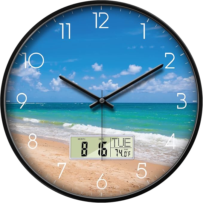 Coastal Beach Wall Clock, 14 Inch Silent Non-Ticking Battery Operated Analog Clock with LCD Date Day Temp Display, Decorative for Living Room, Bedroom, Kitchen, Beach House, Coastal Homes