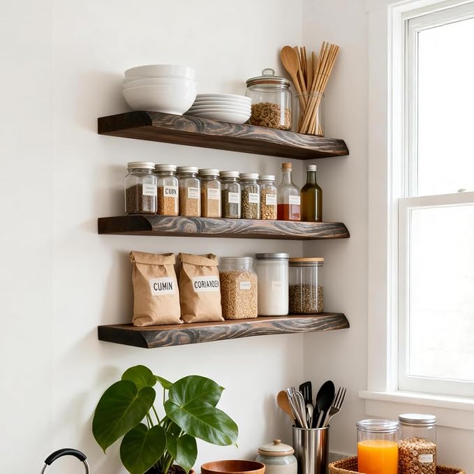 24 Inch Wooden Floating Shelves for Wall Set of 2, Finnish Spruce Solid Wood Shelf, Natural Wood Floating Shelves for Living Room, Bathroom, Bedroom, Kitchen, Country Brown Finish