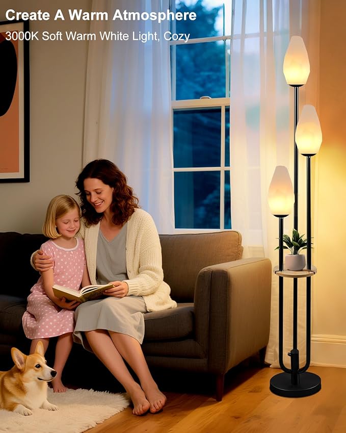 Black Floor Lamp with Tray, 3-Lights Dimmable Floor Lamps with Rock-Shaped Shade, Unique Candle Holder Style Modern Tall Standing Lamp for Living Room/Party(Bulbs Included)
