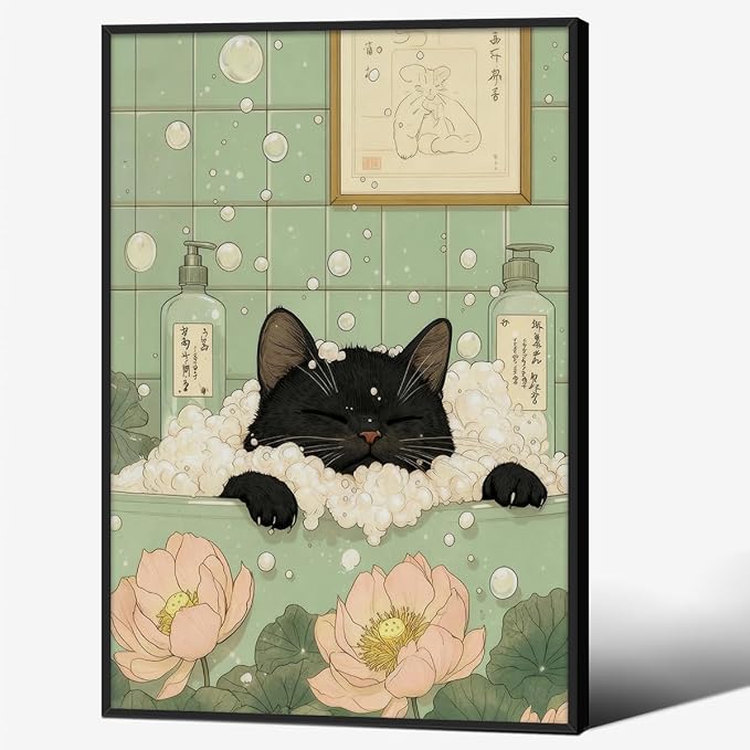 Black Cat in Bathtub Poster Vintage Japanese Bathroom Wall Art 16X24 inch Black Framed Funny Cute Animal Canvas Prints for Bedroom Restroom Toilet Wall Decor