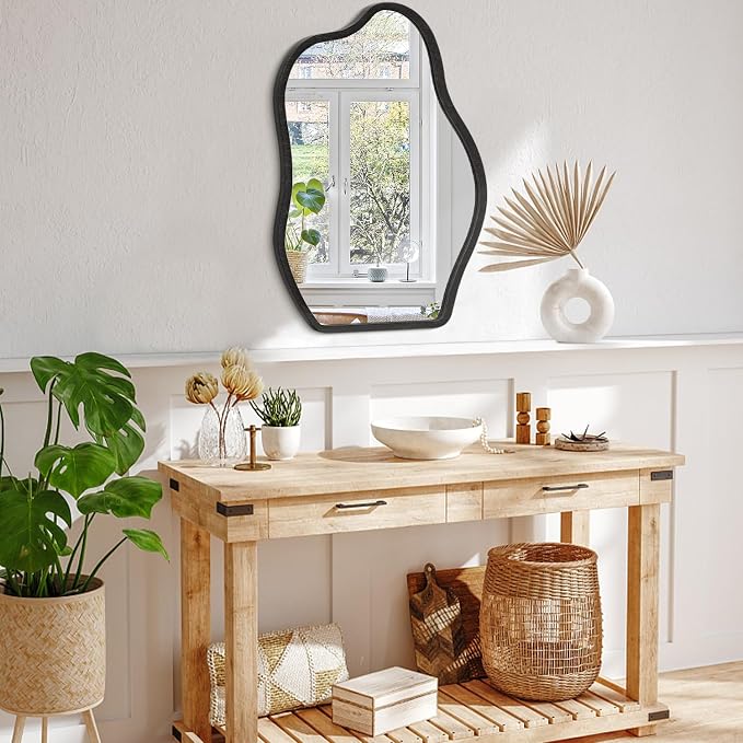 Asymmetrical Irregular Mirror for Wall Wooden Framed Hanging Wall Mirror Cloud Modern Unique Bathroom Wall Mirror Decorative Bedroom Living Room Entryway Hallway Artistic Hanging Mirror