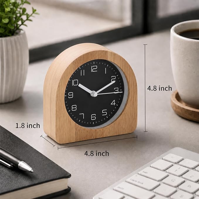 Analog Alarm Clock 5" Silent Non-Ticking Small Solid Wood Desk Clocks Battery Operated Simple Style Retro Table Clock for Office/Bedroom/Kitchen/School/Bedside/Shelf (Light Wood, Arch)