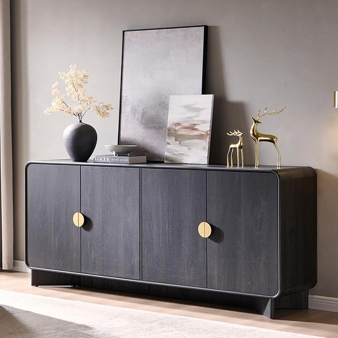 Modern Buffet Cabinet with Storage, 70" Large Sideboard Buffet Storage Cabinet with 4 Doors and Adjustable Shleves, Wooden Curved Coffee Bar for Dining Room, Kitchen, Living Room, Dark Grey