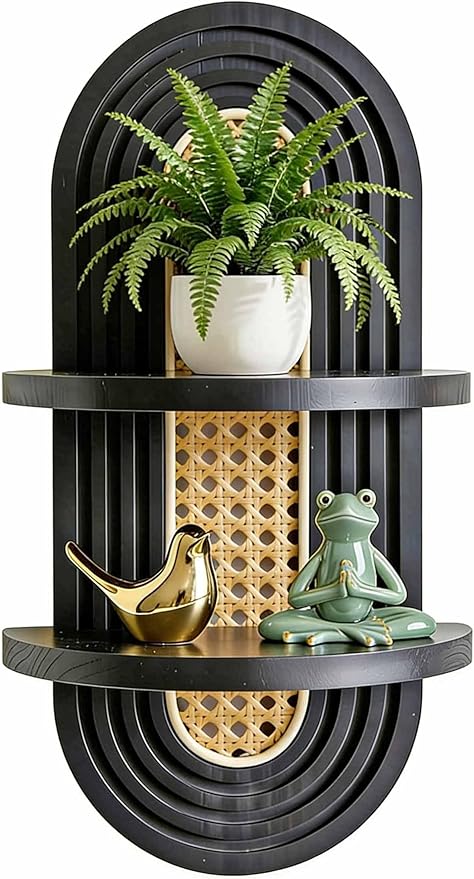 2-Tier Woven Rattan Floating Shelves, Mid-Century Modern Boho Wooden Wall Hanging Decor Plant Shelf for Living Room, Bedroom, Bathroom, Home Office, Ideal for Small Planters & Accents (Black)