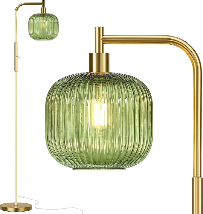 QiMH Glass Floor Lamp for Living Room, Modern Standing Lamp with Green Ribbed Glass Lampshade, Stepless Dimmable Rotary Switch, 67” Tall Lamp for Bedroom Home Decor, Brushed Gold
