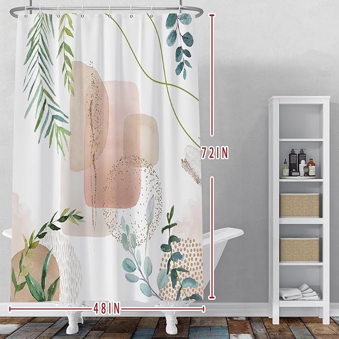 Baocicoo Minimalist Leaves Shower Curtain - Modern Abstract Geometric Botanical Shower for Bathroom, Family, Camping, Hostel - Polyester with Hooks - 48x72 Inches