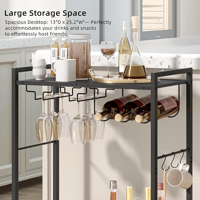 Bar Cart, Home Bar Serving Cart with 2-Tier Shelf,Rolling Beverage Cart with Wheels,Mobile Kitchen Shelf,Modern Black Wine Drink Cart with Wine Rack and Glass Holder for Kitchen,Dinning Room