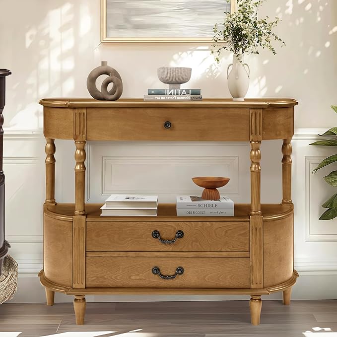 Retro Curved Console Table, 43" Solid Wood Half Moon Console Table Entryway Table Sofa Table with Open Shelf Curved Corners 3 Drawers Pine Roman Legs for Living Room,Hallway,Entryway,Brown