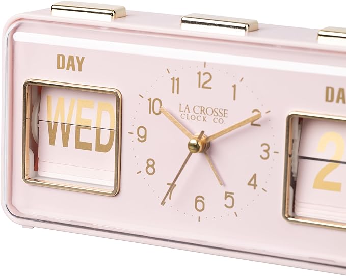 La Crosse Clock 636-379P Daily Flip Pink Tabletop Alarm Clock with Calendar
