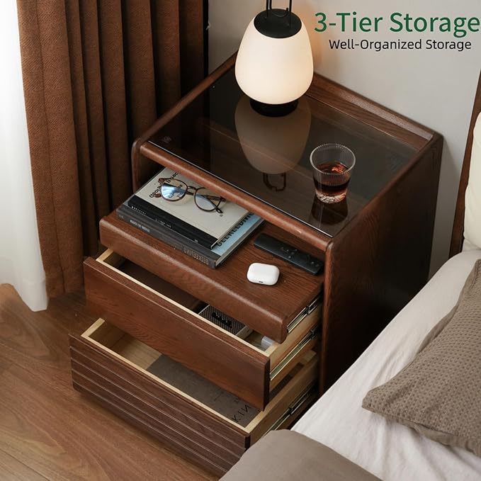YESWOOD Solid Oak Nightstand with Hidden Drawers, Walnut Night Stand with Wheels, Rolling Bedside Table with Glass Tabletop and Open Shelf, Modern Wood Nightstand for Bedroom, Living Room(25.59" H)