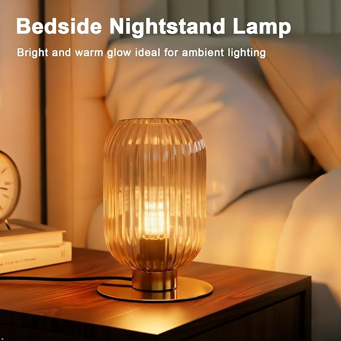 Small Table Lamp, Mid Century Modern Bedside Table Lamp, Amber Ribbed Glass Globe Table Lamp, Vintage Brass Nightstand Lamp for Bedroom Living Room Office, E26 Desk Lamp