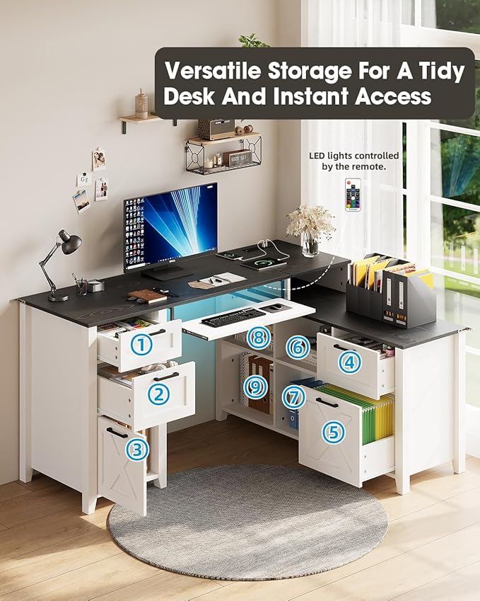 HOPUBUY Farmhouse Executive Desk with File Drawers,Wood Home Office Desk w/Charging Station,Adjustable Storage Cabinets,White Computer Writing Desk for Work,Study