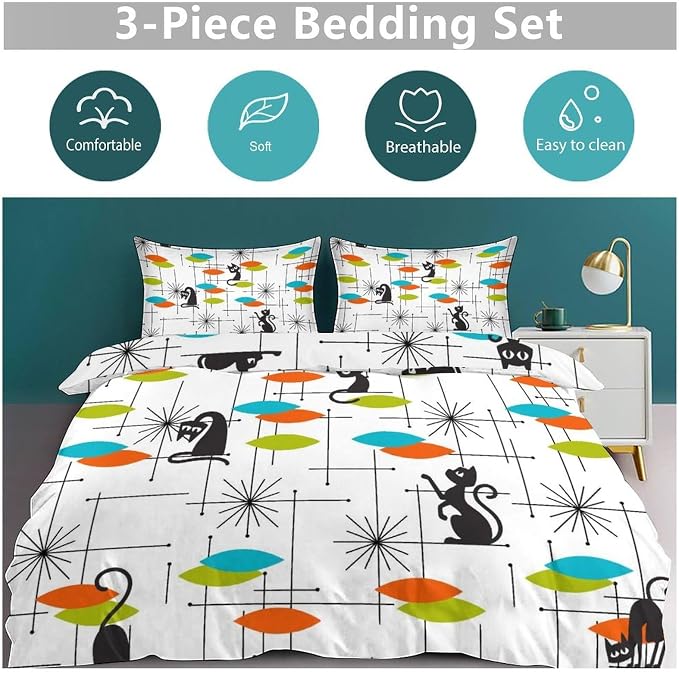Mid Century Bedding Set,Retro Black Cat 1950s 1960s Abstract Atomic Colorful Geometric Pattern Modern Comforter Set with Pillowcase for Bedroom Bed Decor,King 102"x90"