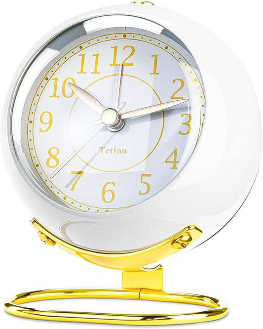 Analog Alarm Clocks,Retro Backlight Cute Simple design Small desk Clock With Night Light,Silent Non-Ticking,Battery Powered,For Kids,teens,Bedroom,travel,kitchen,Bedside Desk decor. (Bright White)