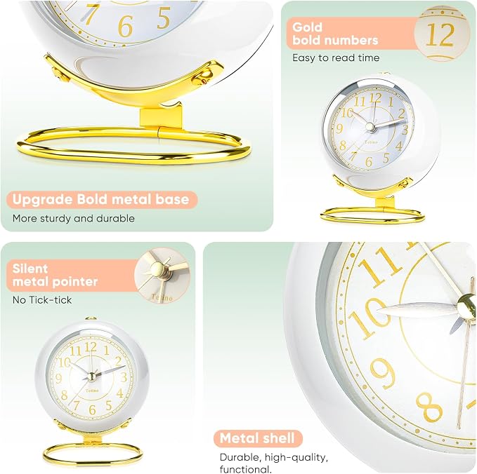 Analog Alarm Clocks,Retro Backlight Cute Simple design Small desk Clock With Night Light,Silent Non-Ticking,Battery Powered,For Kids,teens,Bedroom,travel,kitchen,Bedside Desk decor. (Bright White)