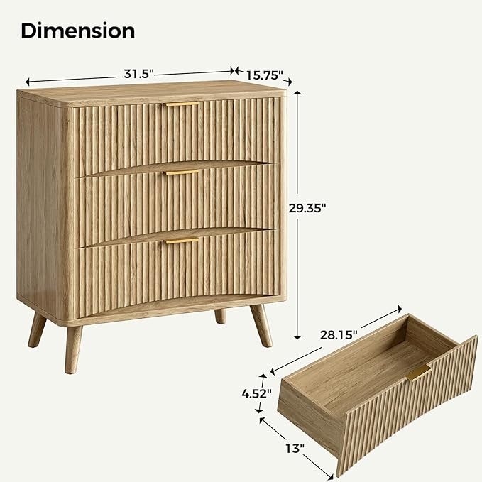 Evermagin 31.5“W Oversized Large Fluted Nightstands Set of 2, 3 Drawer Light Wood Night Stand Bedside Table, Mid Century Modern Small Dresser for Bedroom, Natural Oak