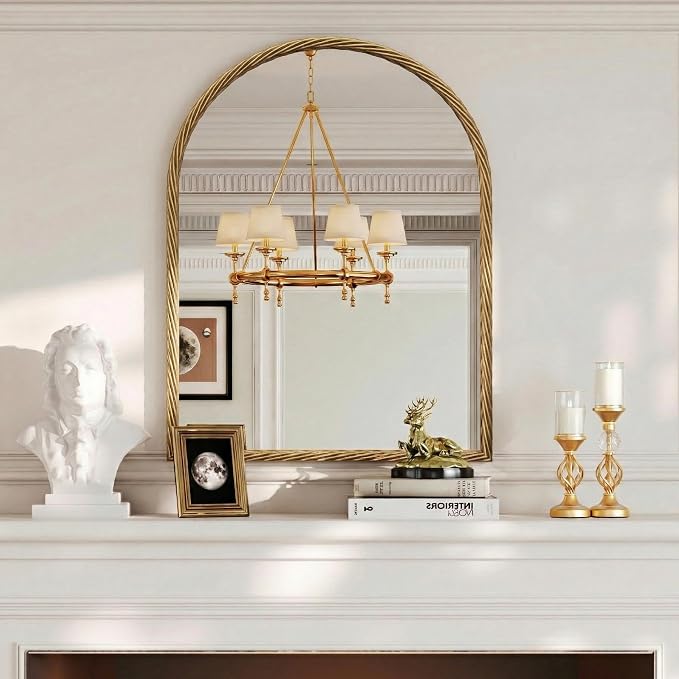 Large Vintage Arched Wall Mirror - 24"X36" Retro Gold Rope-Like Metal Framed Mounted Mirror for Wall Decor, Vanity Mirrors for Bathroom, Living Room, Bedroom, Fireplace