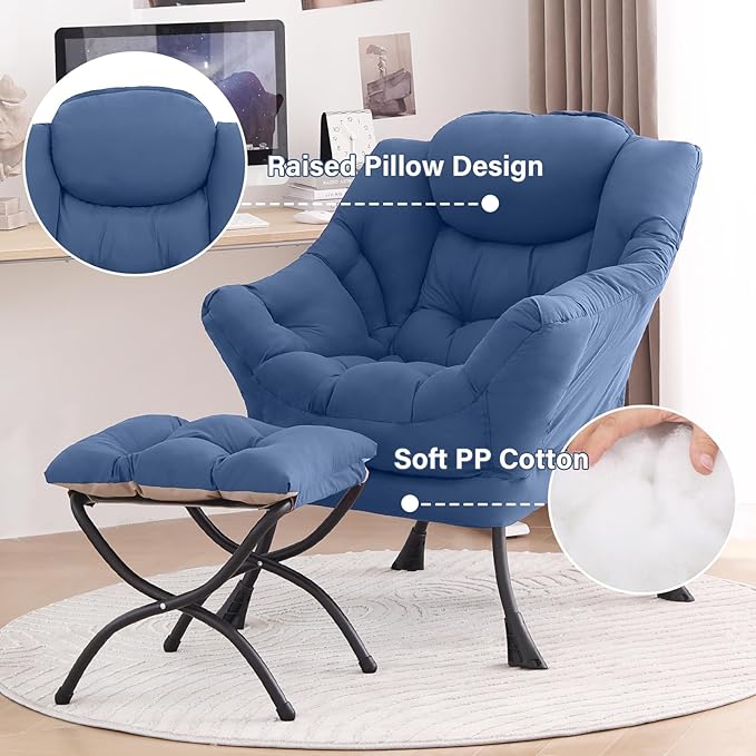 Tiita Lazy Chair with Ottoman, Blue Modern Large Accent Chair, Comfy Leisure Sofa Armchair with Ottoman, Reading Chair with Footrest for Bedroom, Living Room, Dorm Rooms, Blue