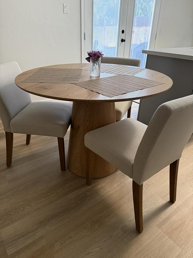 JUSTONE 43.3" Round Dining Table for 4-6,Wood Farmhouse Rustic Kitchen Table with Mid-Century Modern Pedestal Base, Natural Finish for Dining Room/Kitchen/Living Room(Natural)