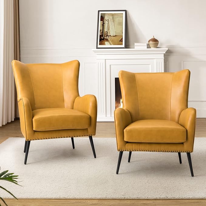 HULALA HOME Faux Leather Accent Chair Set of 2 with Removable Cushion, Comfy Upholstered Armchair with Metal Legs & Nailhead Trim Wingback Vanity Chair for Reading Living Room Bedroom, Yellow