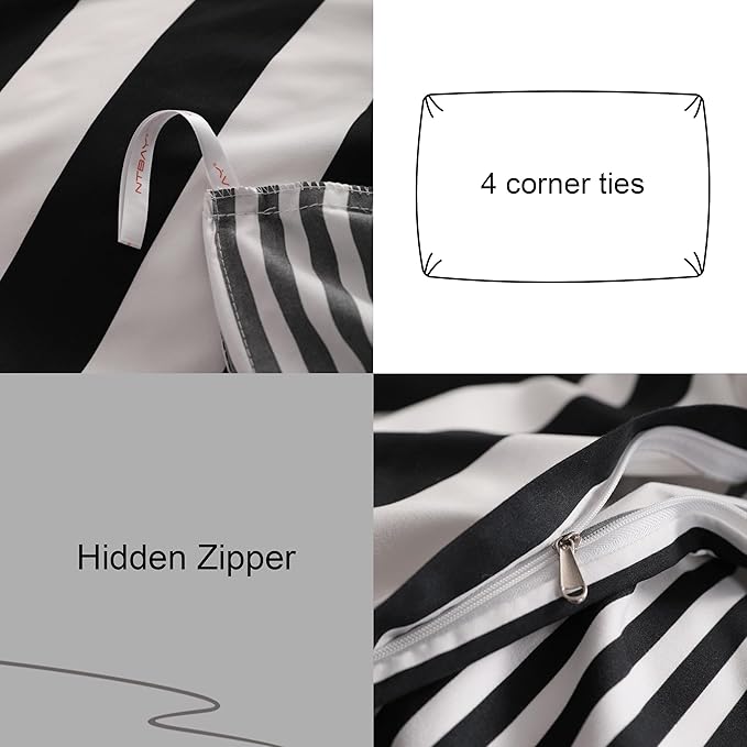 NTBAY 3 Pieces Duvet Cover Set King Size, Reversible Zipper Comforter Cover with 4 Corner Ties and 2 Pillow Shams, Soft Brushed Microfiber Comforter Cover Set with Black and White Striped Printed
