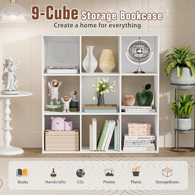 9 Cube Storage Organizer, Free Standing Display Shelf with Open Cubes, Floor Standing Book Shelf Bookcase with Storage for Home Office, Living Room, Bed Room (White, 9-Cube)